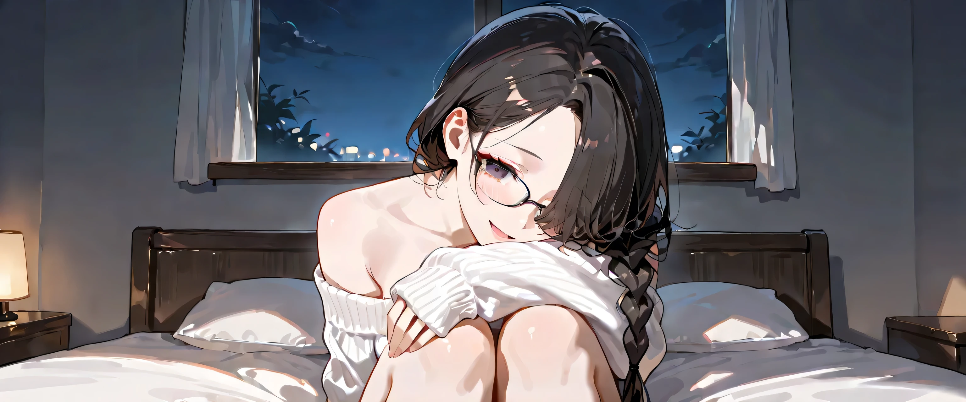 (masterpiece, best quality, ultra-detailed, high resolution, detailed, super detailed skin, beautiful detailed eyes), milf, adult, meek, mild, solo, sad smile:0.1, half open eyes, off-shoulder:0.7, sweater, sleeves past wrists, slender body, black hair, hair over one eye, forehead, single braid, troubled eyebrows, sitting, bed room, night, eyes focus, open mouth:0.3, leaning head:0.4, glasses, looking over glasses,