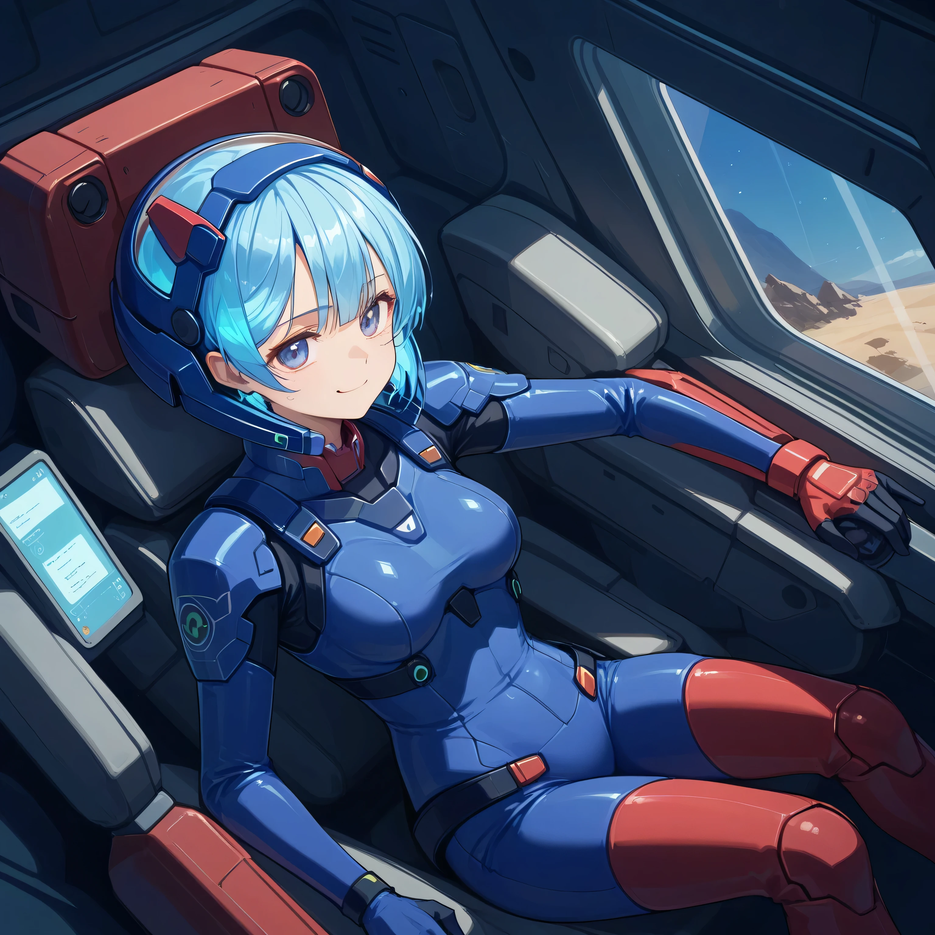 ((Holographic Glow Effect))、 Gundam wing cockpit,blue hair、masterpiece、top quality、1 person、medium bust、((album cover))、light on face、slender body、white and blue pilot suit with enamel finish、 elbow length gloves 、long hard boots 、exoskeleton、Metal Gear、cyberpunk style in itself、Gundam Pilot、attention arousal、 bubble helmet 、 space helmet, muvluv, space helm, eva helm,Transparent face guard,Complex and precise instruments,Smile