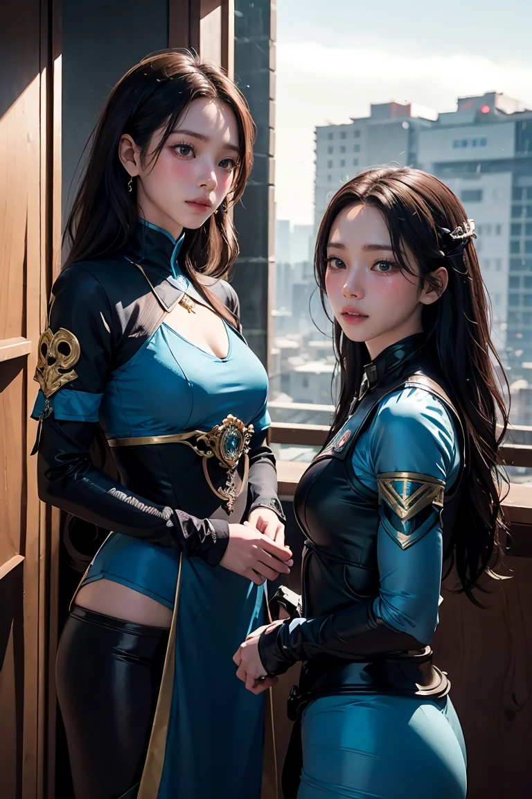 two women, twins, in costumes are standing in a room, as lady mechanika, static Prometheus frame, blue body paint, cyberpunk ornaments, Aztec Empress, cinematic details, guards, balcony scene, solarpunk, by Leon Wyczółkowski, sisters, Japanese cgi, Kazakh empress, character close-up