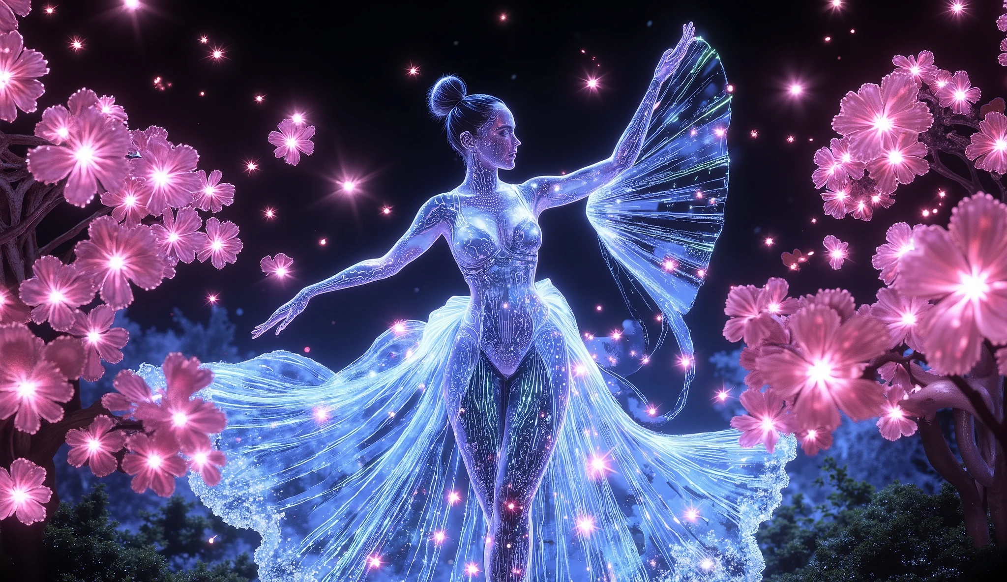 A cyborg geisha with glowing neon tattoos dances gracefully in a digital garden. Her metallic kimono flows around her, circuits gleaming beneath its surface. Holographic cherry blossoms fall gently, creating a surreal and beautiful scene. In the style of Syd Mead and Craig Mullins, with a touch of retro-futurism and cyberpunk aesthetics, creating a vibrant and surreal fusion of nature and technology. The color palette is dominated by electric blues, hot pinks, and neon greens, evoking a sense of wonder and awe.