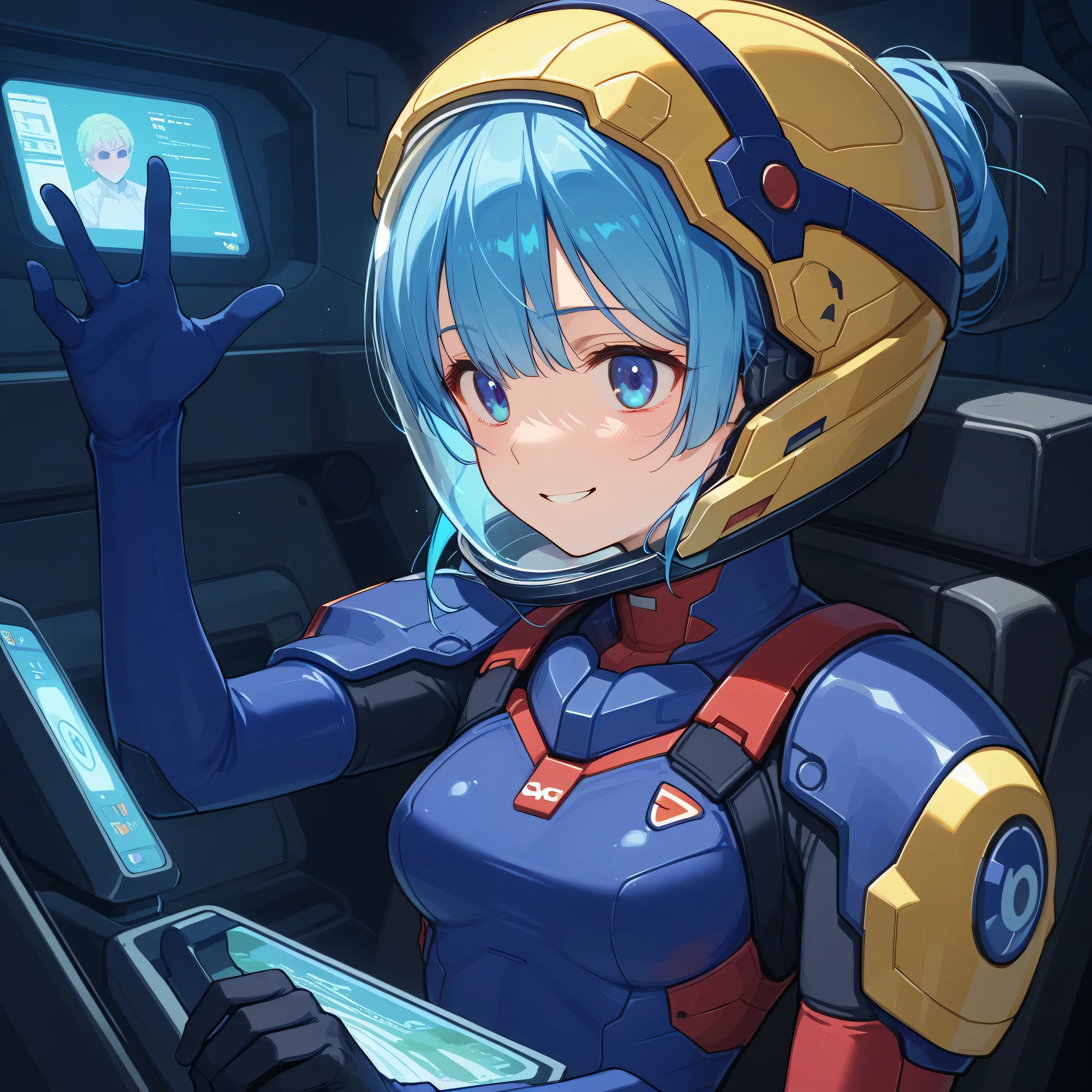 ((Holographic Glow Effect))、 Gundam wing cockpit,blue hair、masterpiece、top quality、1 person、medium bust、((album cover))、light on face、slender body、white and blue pilot suit with enamel finish、 elbow length gloves 、long hard boots 、exoskeleton、Metal Gear、cyberpunk style in itself、Gundam Pilot、attention arousal、 bubble helmet 、 space helmet, muvluv, space helm, eva helm,Transparent face guard,Complex and precise instruments,Smile