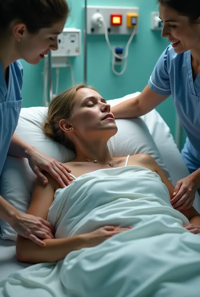 Woman dressed with closed eyes and a small towel covering her eyes, quiet, lying down covered up to the neck with a blue sheet on a stretcher and 4 people with their hands over her head, chest, woman's stomach and legs lying down