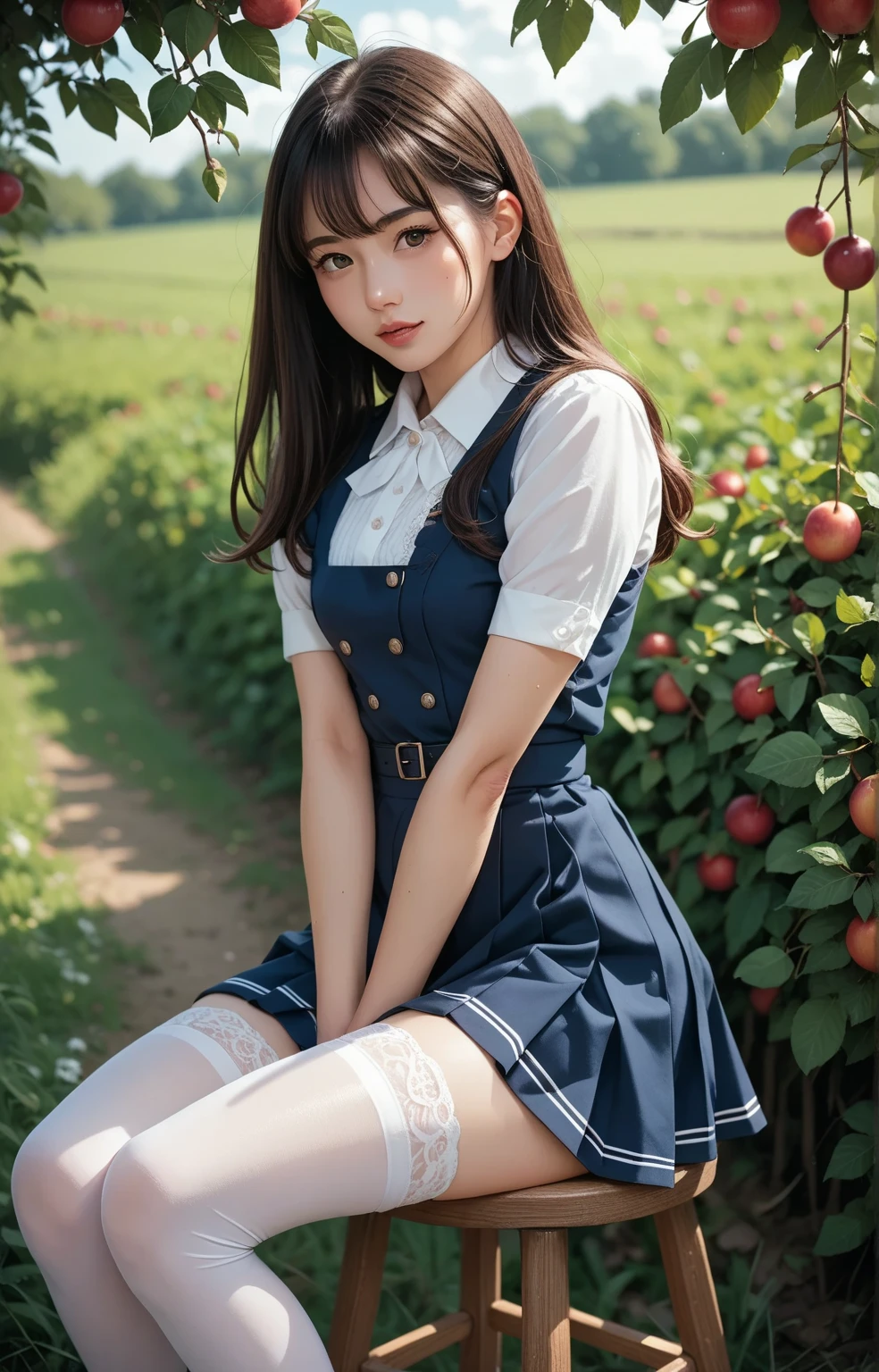 （true to life，Photorealistic 1.5）,((best qualtiy, 8K, tmasterpiece:1.3)), (二重まぶた，largeeyes:1.3),（smile1.5），（Full body photo 1.5）（One person 1.5）Clear focus 1.2, Perfect body beauty:1.4 , Delicate skin1.1，（Long brown hair 1.5），（Delicate facial features1.4），（Pure desire 1.3）(Black high socks 1.5)（The leg length is one meter two，1.5），Suspenders floral clothes，pleatedskirt，Slender legs，No shoes，Stand in the stream