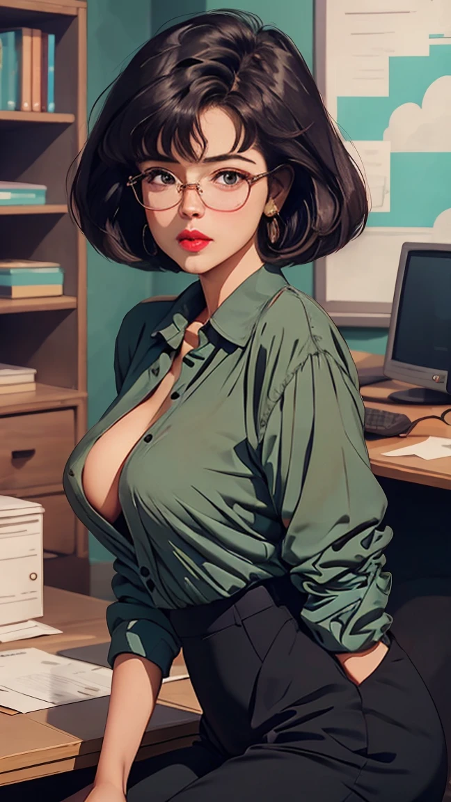 hyperrealistic, milf,tender face, glasses,curvy body,black hair,modest housewife,oval face,bed room,straight hair,sweaty,aroused,dark green blouse,