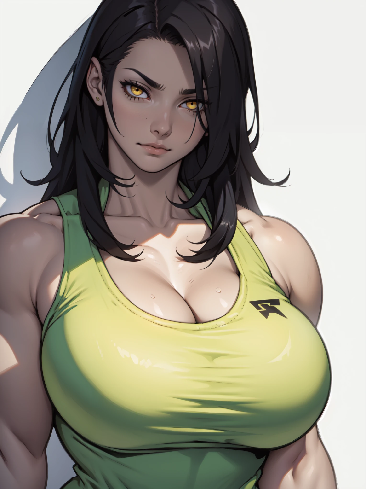 ((1girl bodybuilder shining eyes)) seductive expression pale skin black hair very long hair yellow eyes large breasts long abs close up
