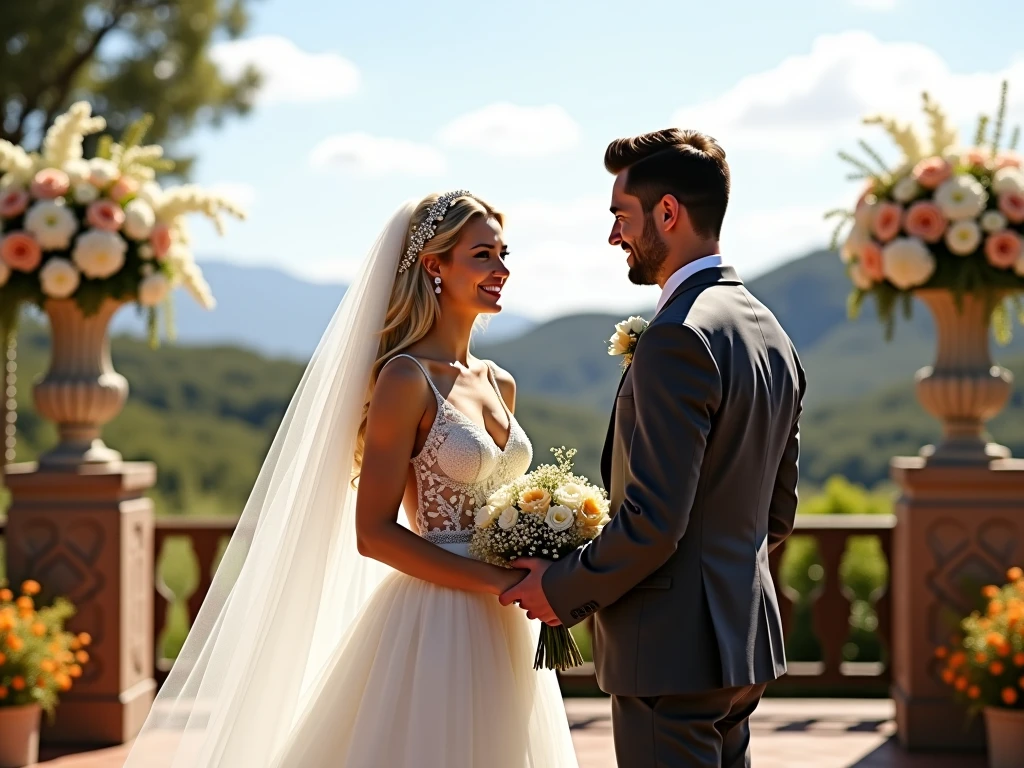 Groom in white tuxedo　Bride in white wedding dress　Two people laughing with happy smiles　Antique stone church　Large wooden door left open　full body Esbian　Shining bright sunlight