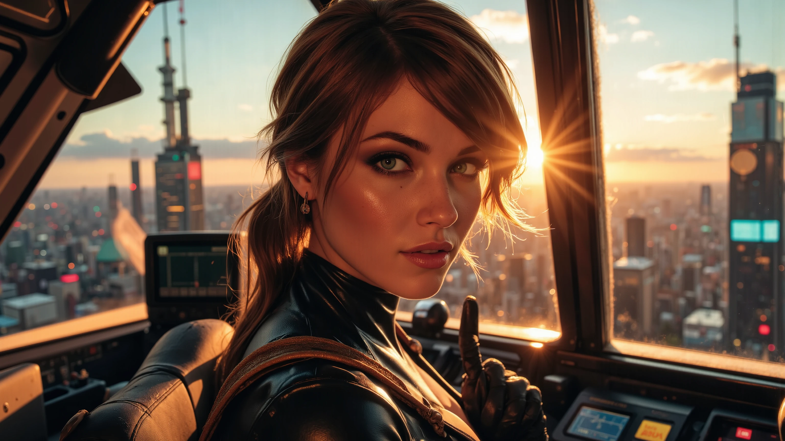 Close-up shot of a super-powered girl's intense gaze, eyes aglow with energy, as she expertly pilots her sleek light ship amidst the golden hour sky. The warm sunlight casts a radiant glow on her determined face, illuminated by the cockpit window showcasing the cityscape and distant horizon. Her hands grip the controls with precision, framed by the vibrant neon lights and sharp shadows. Ultra-detailed skin texture, complete with pores, meets the vast panorama of the city below, set against the breathtaking backdrop of a ray-traced sky. This cinematic masterpiece is a testament to the art of photorealism, capturing every detail in stunning UHD, HDR, 16K resolution, worthy of an award-winning film.