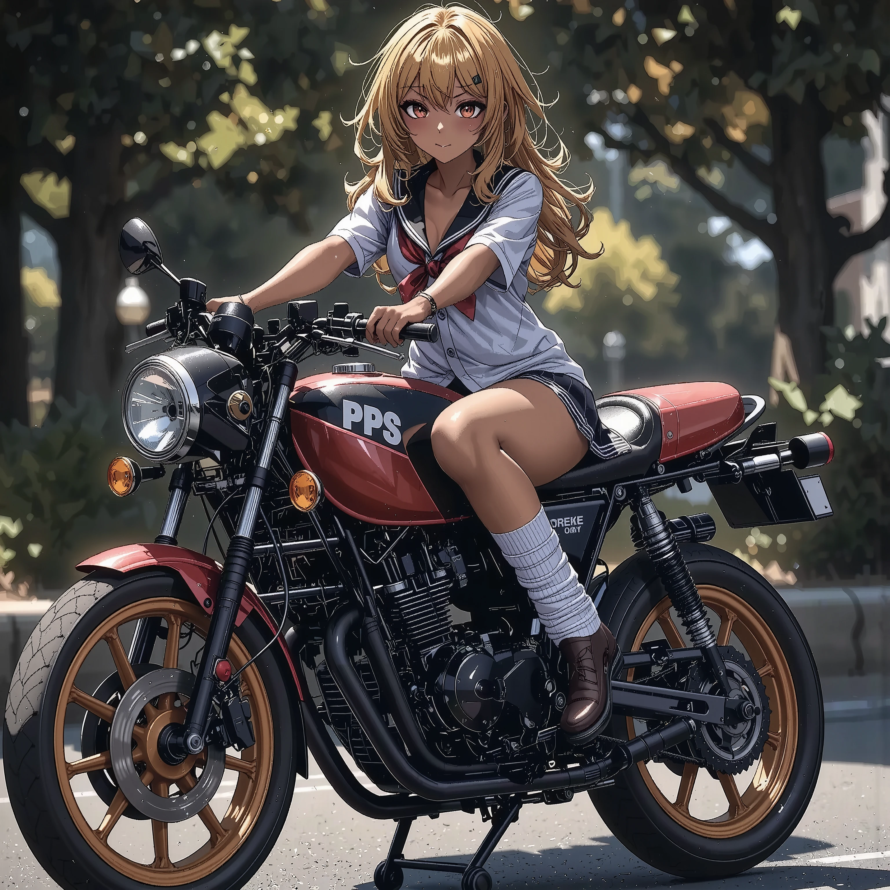 One girl rides a motorcycle,JPS color cafe racer tuned motorcycles,textured brown skin,sailor suit,Pointy breasts,high heels, rocket cowl ,top quality,(kogyaru)、realistic,Photorealistic,Professional,vivid color,Bokeh,HDR,UHD,Studio Lighting,ultra-detailed depiction,Clear Focus,Physically Based Rendering