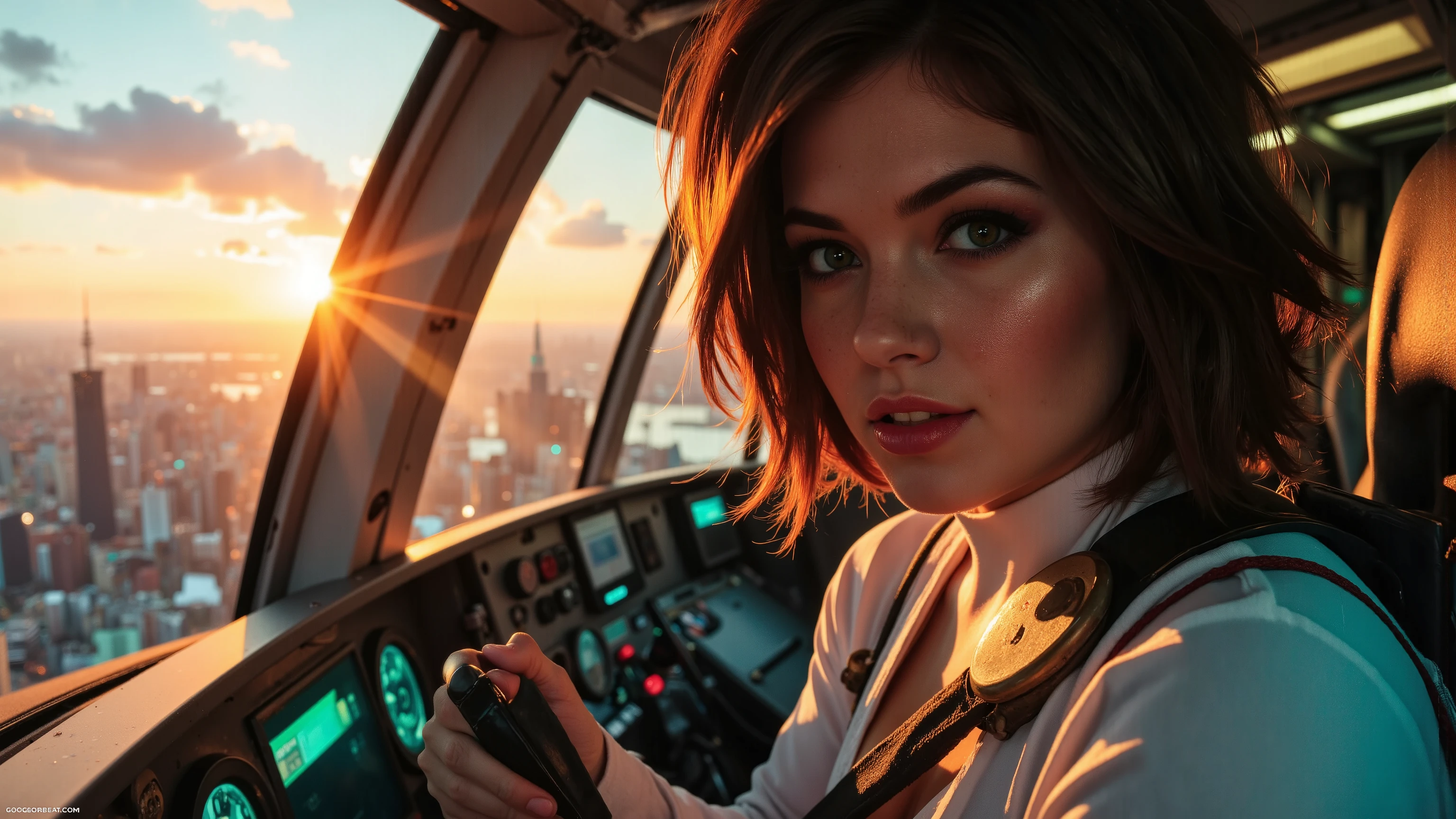 Close-up shot of a super-powered girl's intense gaze, eyes aglow with energy, as she expertly pilots her sleek light ship amidst the golden hour sky. The warm sunlight casts a radiant glow on her determined face, illuminated by the cockpit window showcasing the cityscape and distant horizon. Her hands grip the controls with precision, framed by the vibrant neon lights and sharp shadows. Ultra-detailed skin texture, complete with pores, meets the vast panorama of the city below, set against the breathtaking backdrop of a ray-traced sky. This cinematic masterpiece is a testament to the art of photorealism, capturing every detail in stunning UHD, HDR, 16K resolution, worthy of an award-winning film.