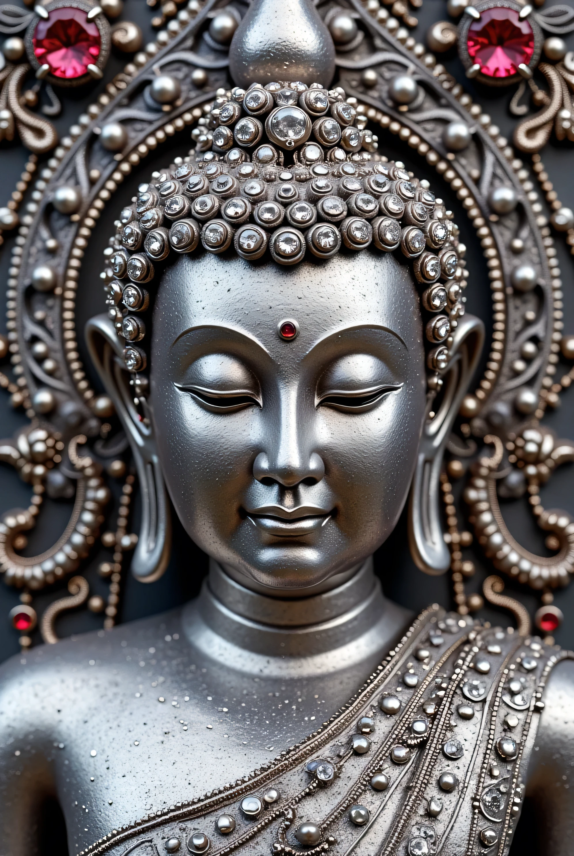 Create the male buddha peaceful platinum face craft with lots of diamonds and ruby gems arts details be professional bermese culture