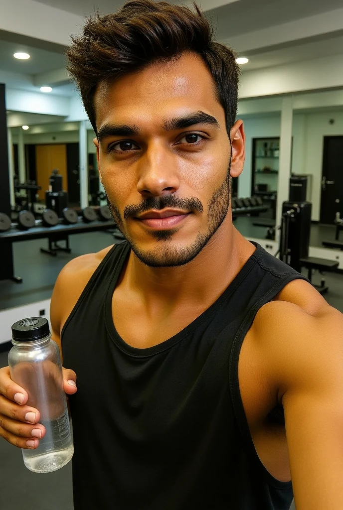 A young Maghrebi of 23 years 24 years clean shaven without beard and short hair selfie at the gym staring at the mirror with a charming look 