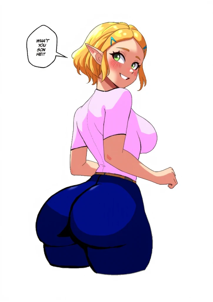 Gwen Stacy, green shirt, big butt, sweaty, grabbing butt, red pants halfway on