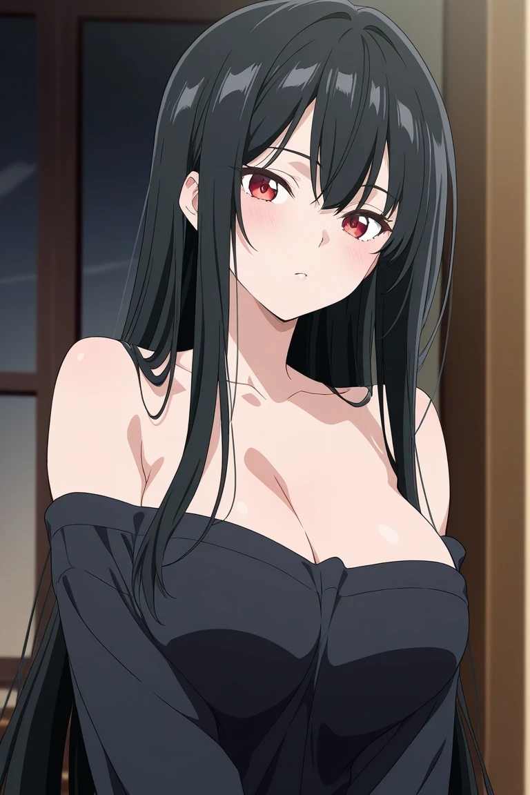 masterpiece,best quality,1girl,mikasa ackerman,very long hair,black dress,mature woman,short dress,s,sleeveless,looking at viewer,,cleavage,smirk,
