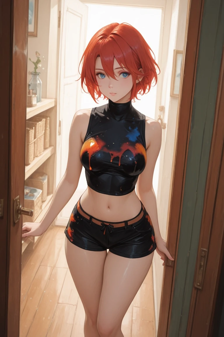 masterpiece, best quality, anime, 1girl, solo, stockings, red hair, closed eyes, short hair, white collared shirt, short shorts, slim waist, wide hips, ass, smile, boots, black stockings, back, looking back, cowboy shot, dutch corner, outdoor, medieval, back, long sleeves, erotica, (cum on ass, cum, cum on ass, lots of cum)
