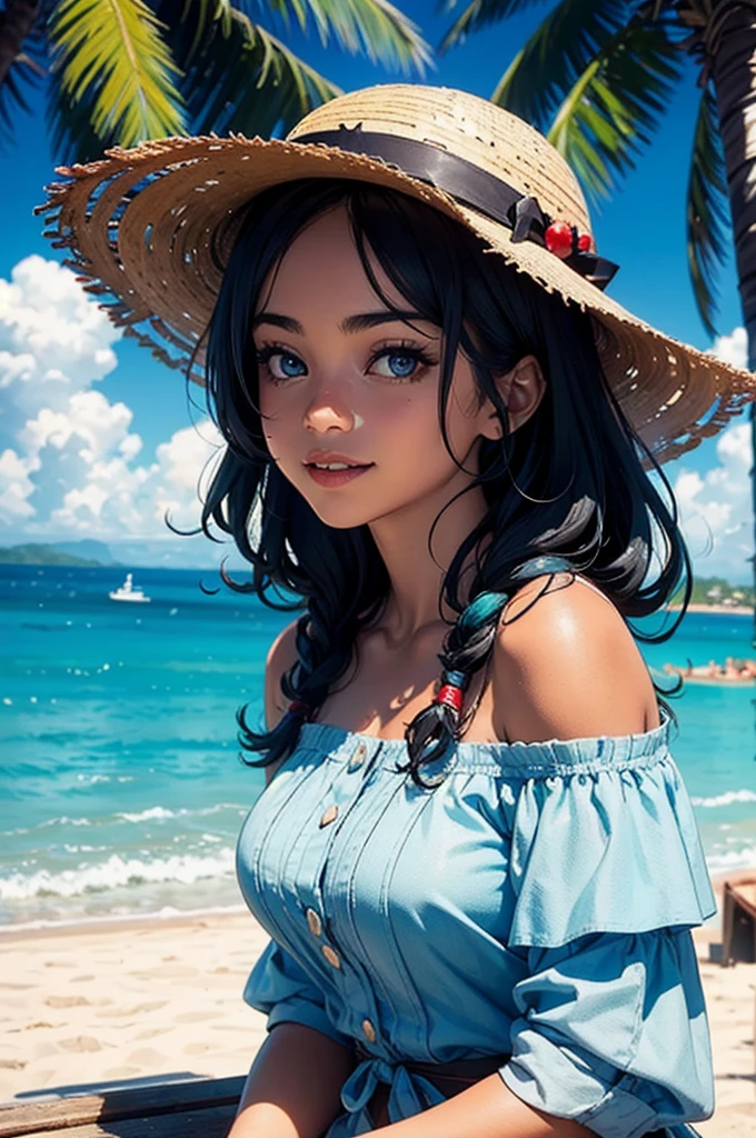 absurdres, highres, ultra detailed, 1girl, solo, extremely detailed eyes, starfish, seashell, shell, flower, hat, hair ornament, jewelry, straw hat, looking at viewer, sunglasses, hat flower, drinking straw, hairclip, earrings, red flower, tinted eyewear, yellow flower, bangs, english text, multicolored hair, orange flower, black hair, ring, cup, long hair, orange-tinted eyewear, food, brown hair, portrait, shell hair ornament --auto
