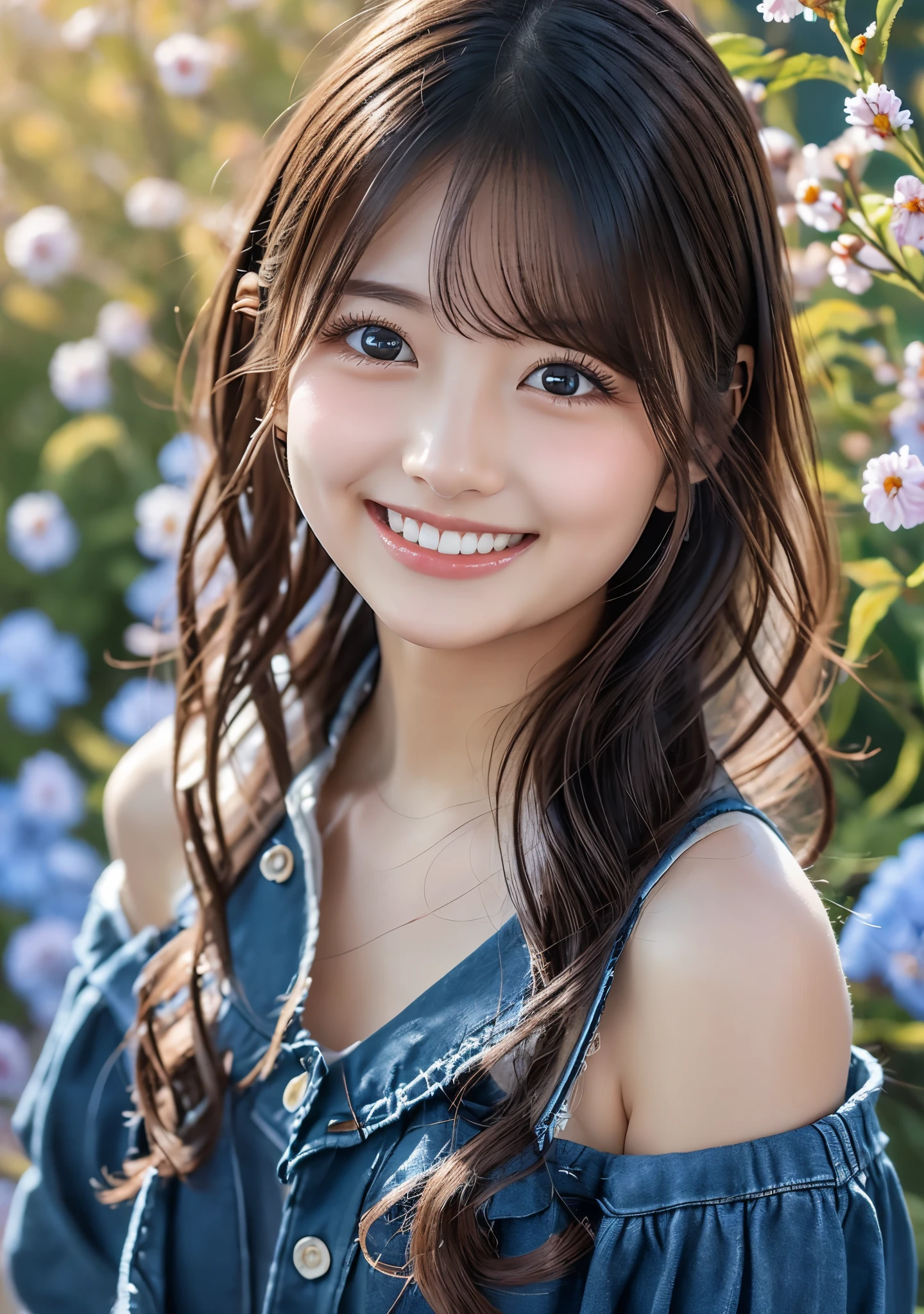Tabletop, Highest quality, Very detailed, In detail, High resolution, 8k wallpaper, Beautiful big eyes,Black-haired、17 years old, Slender body、爽やかなsmile、Shows the whole body down to the waist、Very beautiful face,Very well-formed face、With sunflowers in the background、Beautiful girl wearing a sleeveless dress、smile、