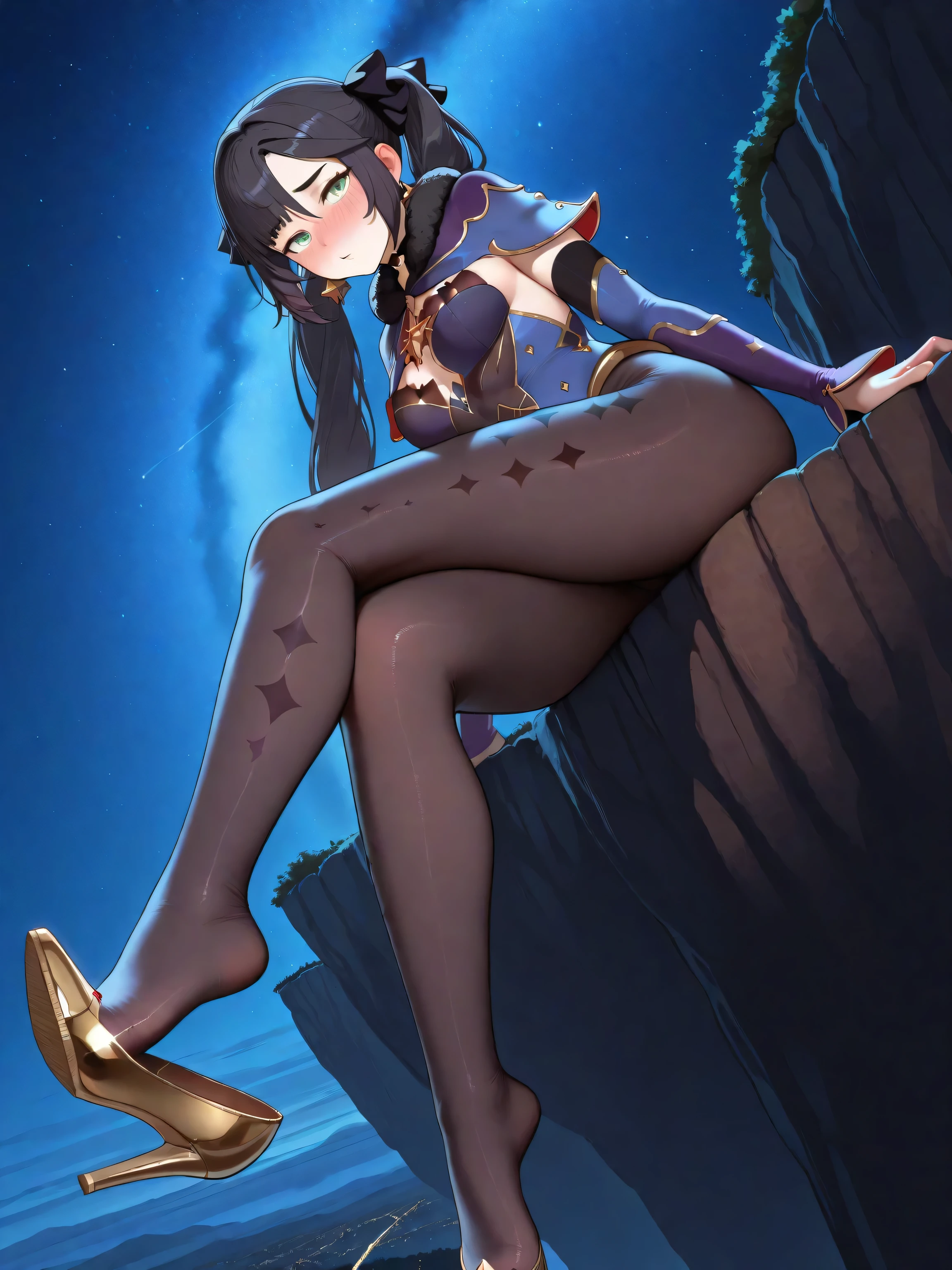 Mona face:1.0, adult mature Mona:1.0, Mona outfit:1.0, Mona golden shoes:1.0, Mona purple pantyhose:2.0, shoe dangle:2.0, Mona posing, night time, sitting at a huge cliff, legs hanging from the cliff, mystical lighting, incredible angle shot,, HDR, perfect face, green eyes, drunken eyes, blushing, highlight face, highlight legs,