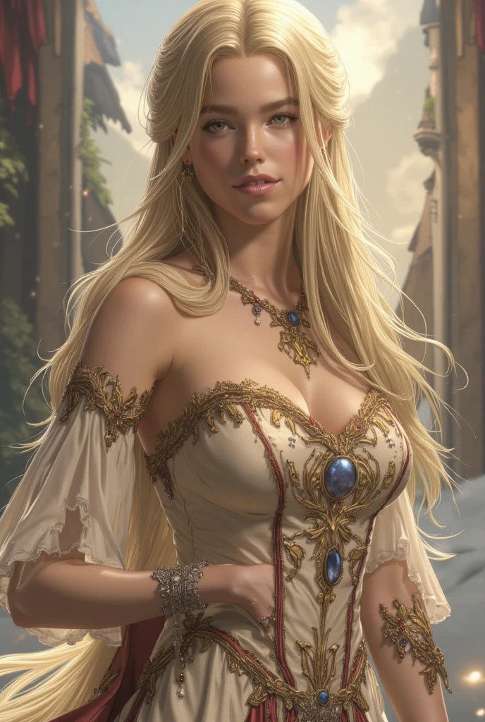 ((ultra intricate details, digital art style, airbrushed)), (sunset), professional (body portrait:1.4) shot, close up of a sexy mature female priestess bathing in a pool, beautifully ornate holy temple, (wispy mist:1.2) above a calm pool, (blonde1.6), curly hair, (jennifer aniston:0.6)|Katheryn Winnick|(Carmen Electra:1.2), Detailed eyes, perfect oiled breasts, (intricate Celtic golden chain jewelry, tiara, necklace, bangles, bracelets:1.2), large animate crowd, (intricately embroidered skimpy wet sheer white lace robes:1.3), soft wet (glossy:1.3) oiled skin, (decadent jewelry), white marble columns, stunningly detailed stained glass windows, (frantic crowd of worshipers in the background:1.4), god rays