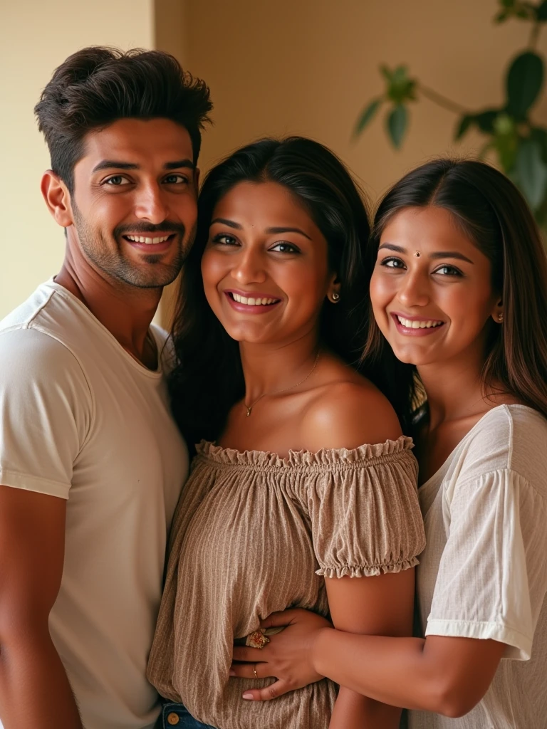 I need a photo in which there is a photo of me, my mother and my future wife, which I can use as WhatsApp DP. In which my mother's age is 42 years and girlfriend's age is 22 years and I am 22 years old.