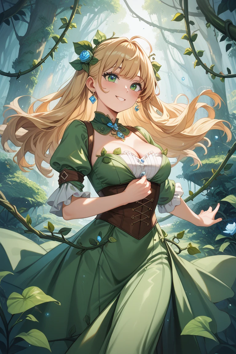 Traini
 ((highest quality)), ((masterpiece)), (detailed)
One girl, chest, dress, feather, glowing, green_background, green_theme, jewelry, leaf, leaf_in_wind, length_hair, petal, Rose_petal, 一人in, white_feather, wind