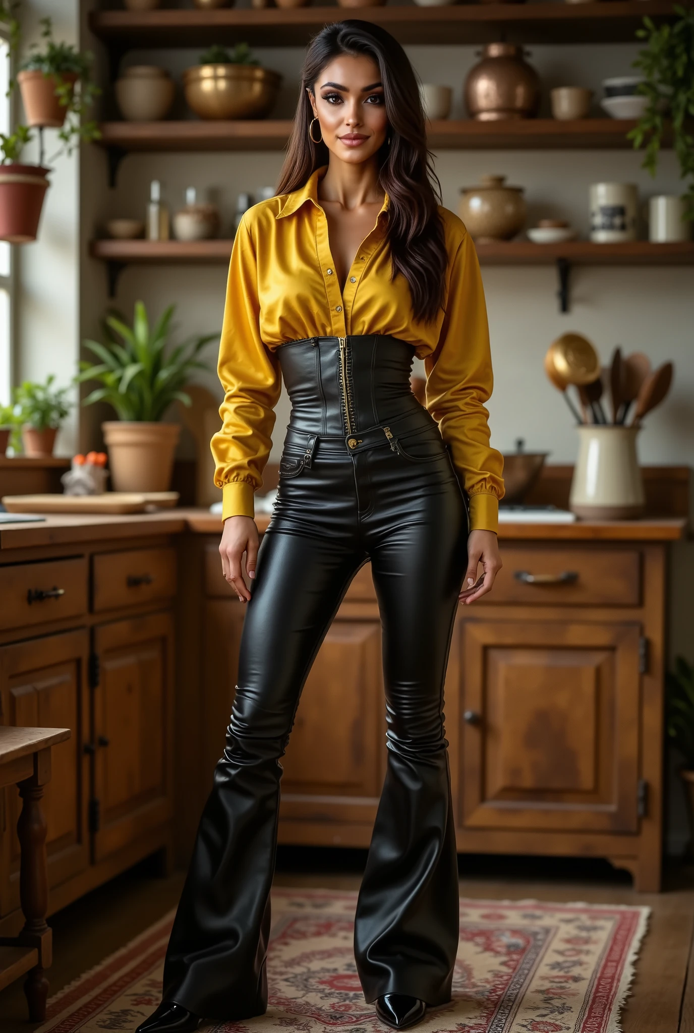 Image of the smiling woman wearing a yellow satin button down shirt , black leather flared pants , tight leather corset with front lacing, wearing black kobluk ankle boots with pointed toes , standing in a full stock vintage kitchen
