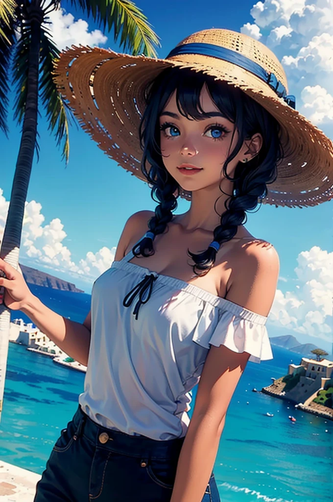 Nera、Hair Ribbon、Earrings、chest、Sash、(Highest quality、masterpiece、RAW Photos、Super detailed:1.2)、1 girl、小さなchest, Sitting, Upper Body, Turn your body forward, hot, Sweating a lot, Wipe away sweat, looking at the camera, Ocean, beach, Beach, fist, smile, Straw hat