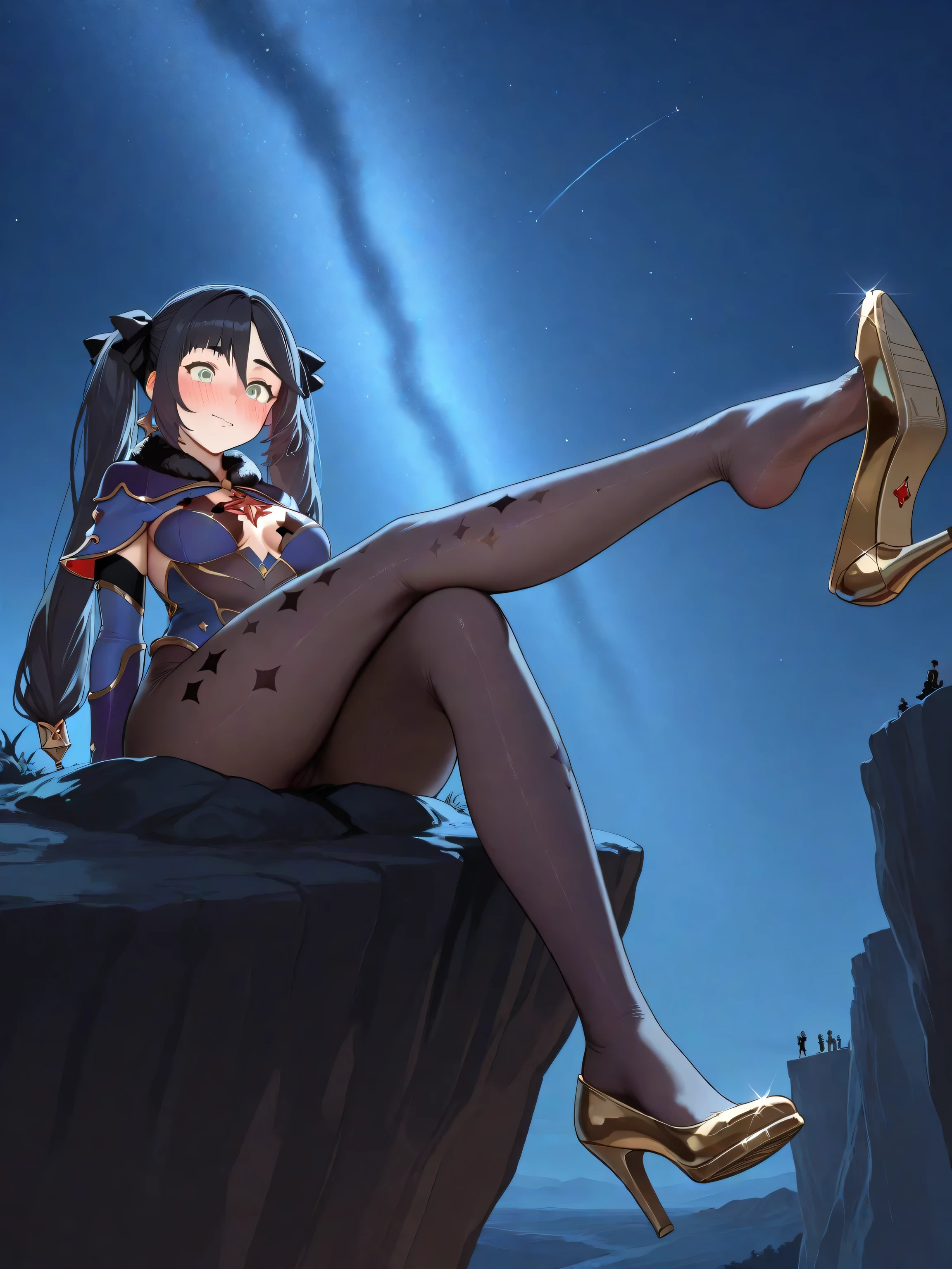 Mona face:1.0, adult mature Mona:1.0, Mona outfit:1.0, Mona golden shoes:1.0, Mona purple pantyhose:2.0, shoe dangle:2.0, Mona posing, night time, sitting at a huge cliff, legs hanging from the cliff, mystical lighting, strong lighting, incredible angle shot,, HDR, perfect face, green eyes, drunken eyes, blushing, highlight face, highlight legs,