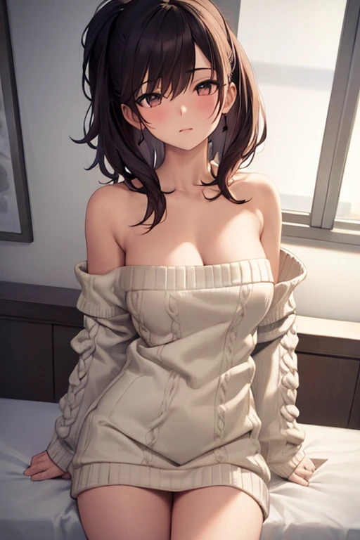 (8k、Photorealistic、Raw photo、highest quality: 1.3)、(real skin),Beautiful expression、High Detail、超A high resolution、(1lady bedhead long hair:1.5,black hair,lip,cheek,make up:1.2),sitting wariza:1.2,Super Beauty、(True Face)、Captivate your audience、Beautiful breasts、Lover's point of view、Beautiful smile、attractiveSurreal、hanikami,(camel cardigan, cardigan over naked,large cardigan,open cardigan,bottomless),in her room,in I's style