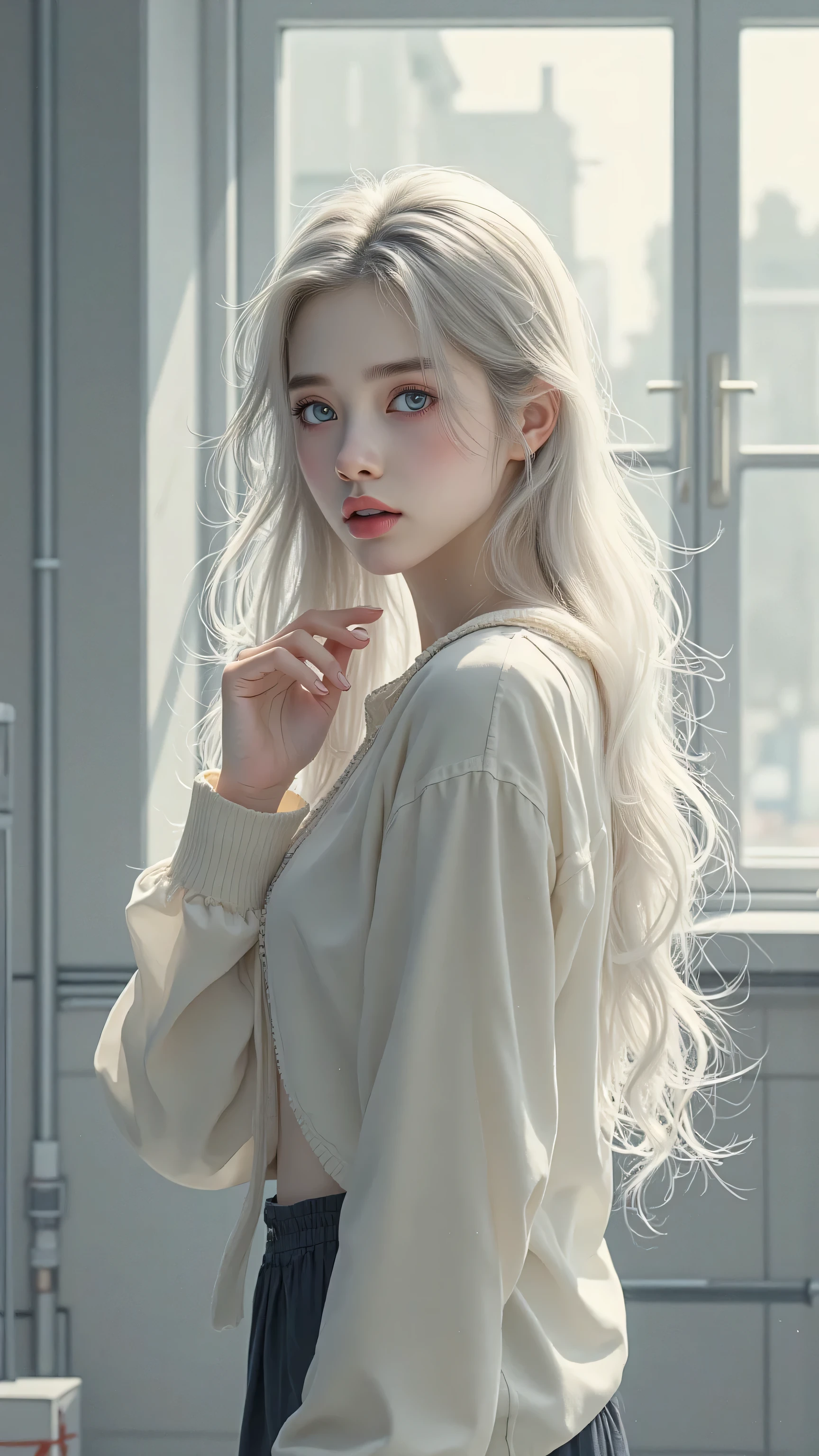 masterpiece , top quality , details , female , bungs , dress , standing , raise your hand , side , (from the side) , strand, is taken from directly above her super long straight hair in shiny platinum blond silk, beautiful shiny bungs, blue eyes like big clear sky, very beautiful bright eye highlights, embarrassing, Brushing