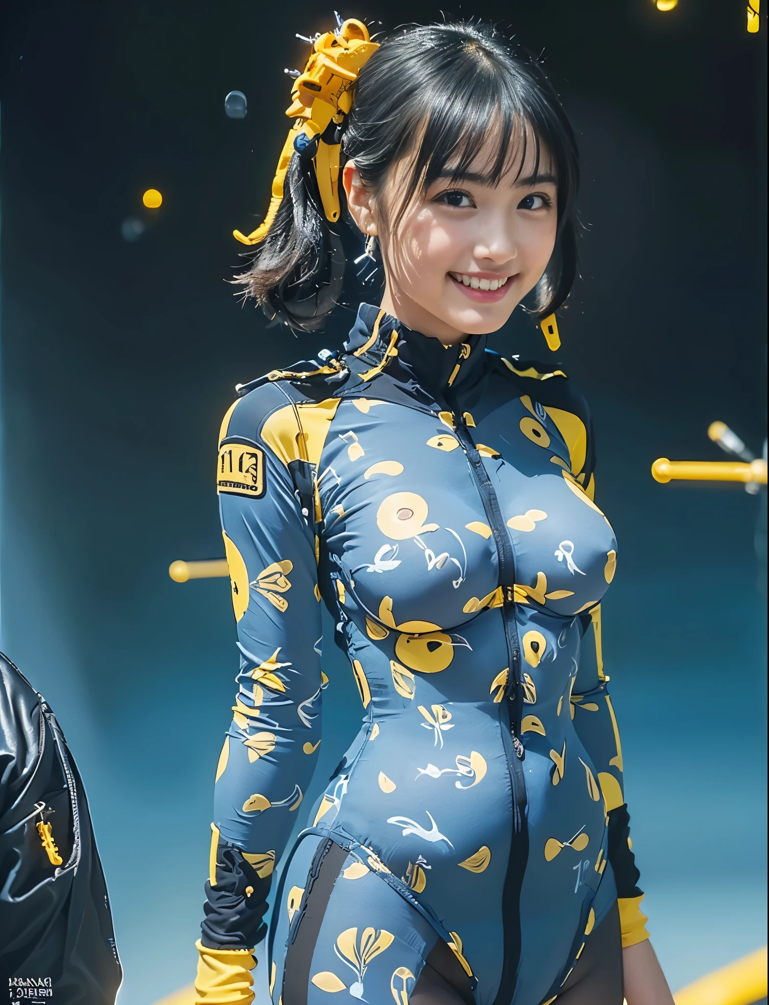 1 rapariga,Mixed face,short detailed hair,Solo,Pretty big breasts,Pose for photos in yellow neon tights and stockings, Tight yellow neon bodysuit, Wear yellow neon tights, Wearing yellow neon latex clothing, Wear yellow neon tights, full body shot of, tight attire, full bodyesbian! Pretty face。Cinema lenses,Global light,Ambiguous scenes。