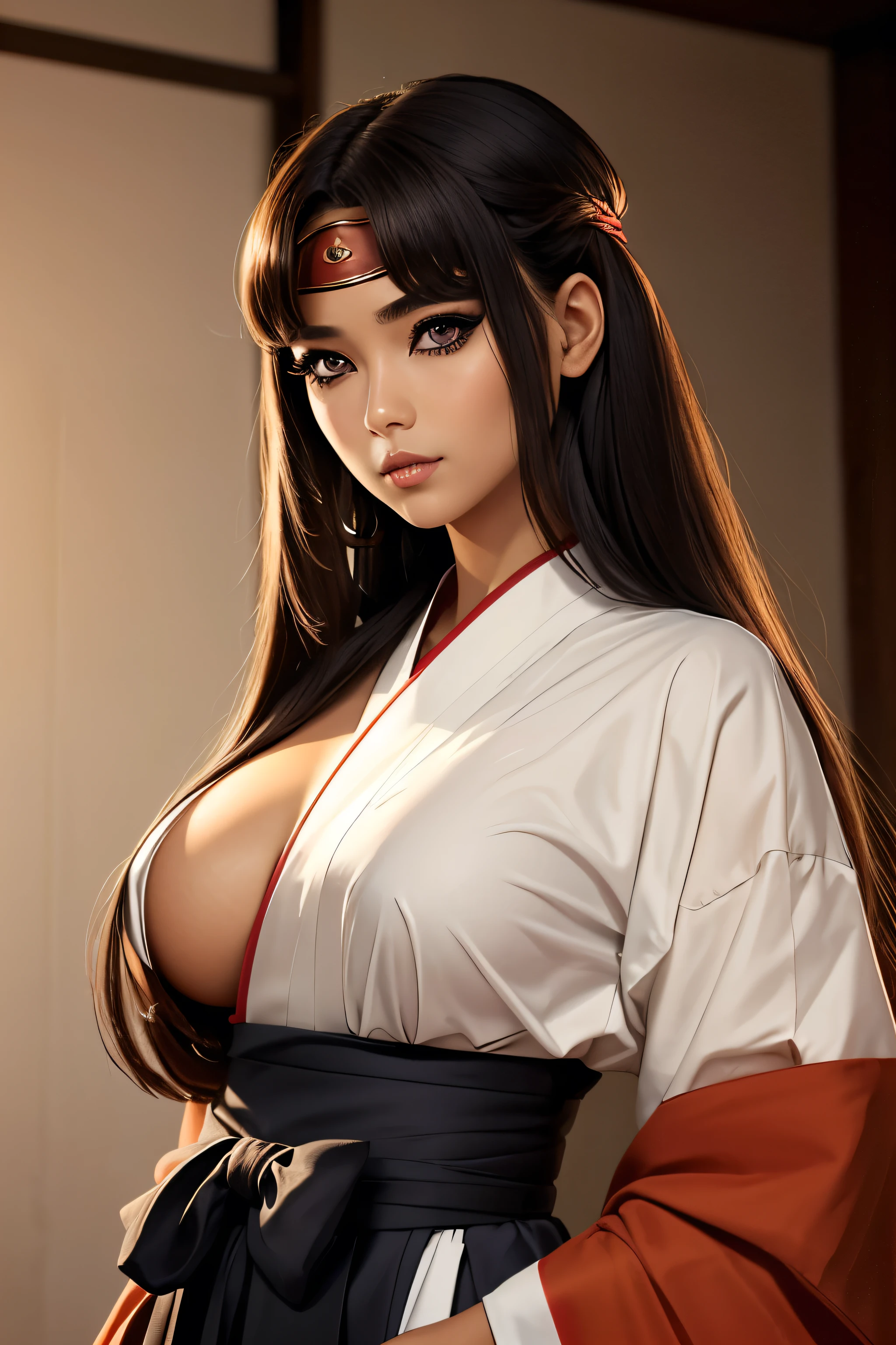 (best quality, masterpiece), ((1 Woman)), beautiful Woman, perfecteyes eyes, (Brown eyes), ((Brown Hair, [Long] hair)), Large Breasts, realistic, narrow waist, charming, Black makeup, Smoky eye shadow, Dark Eyeliner. long eyelashes, ((Tanned Skin)), (detailed face), detailed eyes, detailed iris, tomoe, headband, miko, japanese clothes, ribbon-trimmed sleeves, red hakama, hakama skirt
