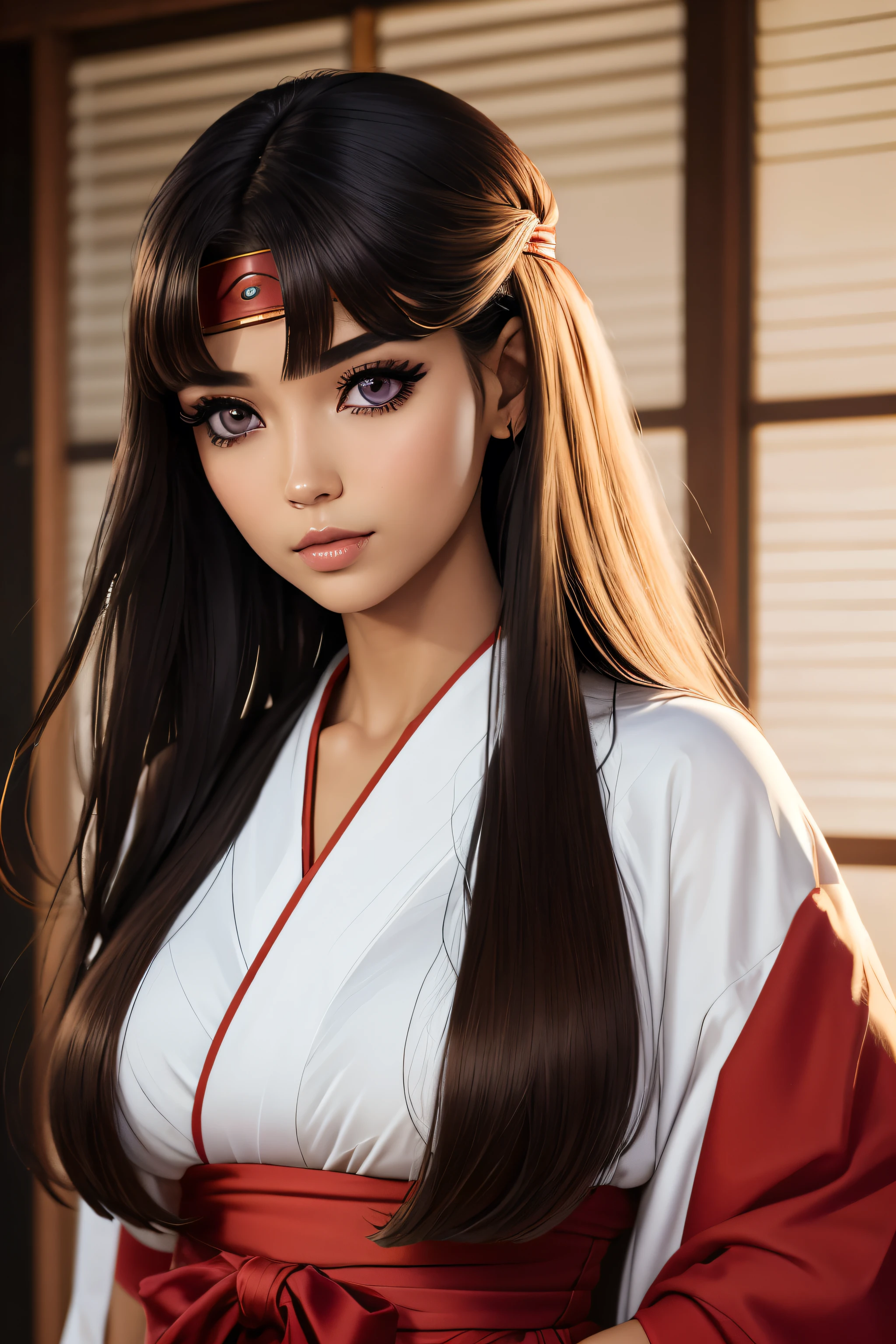 (best quality, masterpiece), ((1 Woman)), beautiful Woman, perfecteyes eyes, (Brown eyes), ((Brown Hair, [Long] hair)), Large Breasts, realistic, narrow waist, charming, Black makeup, Smoky eye shadow, Dark Eyeliner. long eyelashes, ((Tanned Skin)), (detailed face), detailed eyes, detailed iris, tomoe, headband, miko, japanese clothes, ribbon-trimmed sleeves, red hakama, hakama skirt