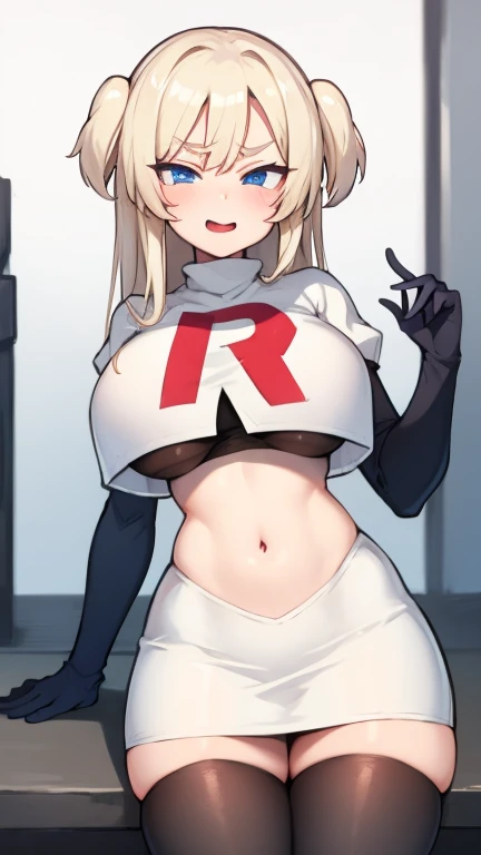 pokemonmelony, pokemonmelony, blue eyes, eyelashes, long hair, multicolored hair, streaked hair, grey hair, (large breasts:1.2), 
BREAK earrings, hat, jewelry, white headwear, team rocket,team rocket uniform, red letter R, white skirt,white crop top,black thigh-highs,black elbow gloves
BREAK looking at viewer, (cowboy shot:1.5),
BREAK (masterpiece:1.2), best quality, high resolution, unity 8k wallpaper, (illustration:0.8), (beautiful detailed eyes:1.6), extremely detailed face, perfect lighting, extremely detailed CG, (perfect hands, perfect anatomy),