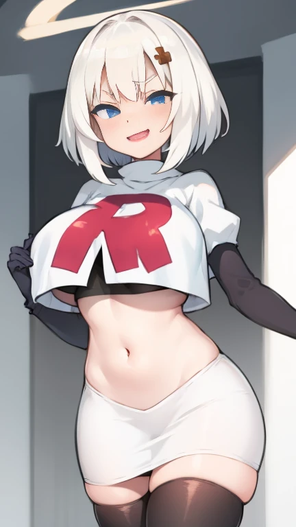 (masterpiece:1.2, best quality), (finely detailed beautiful eyes: 1.2), solo focus, (ultra-detailed, hires), (modern day, beautiful detailed face, beautiful detailed eyes), 1girl, , Sofia Bulga , short hair,streaked hair , hair over one eye , , blush, large breasts , team rocket,team rocket uniform,white skirt,red letter R,crop top,black thigh-highs , High contrast, beautiful elegant woman, adult, (best illumination, an extremely delicate and beautiful),(simple backround, outdoors), looking at viewer,beautiful detailed glow,
