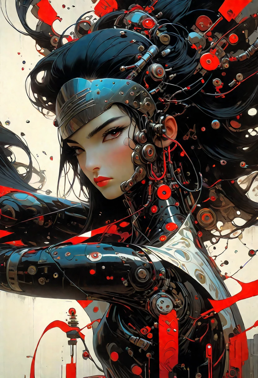 1 female cyborg, hands on jaw,
mechanical arms
gradient color
red leather tight,
black long hair
full body
(gradient color ink sketch art by Yuumei Harumi Hironaka H.R.Giger)