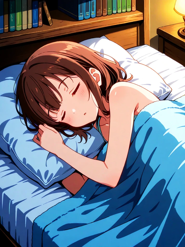 highest quality,Anime girl lying in bed sleeping, Dimly lit bedroom, A lovely starry sky view from the window,Dreamy illustration, quiet night, masterpiece,digital illustration, Anime Atmospheric, Atmospheric anime,Visual novel, anime girl desktop background, Soft retro lantern lighting
