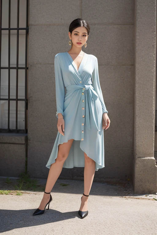 A business woman, long dress, stiff fabric, beautiful hair, symmetry, real photo