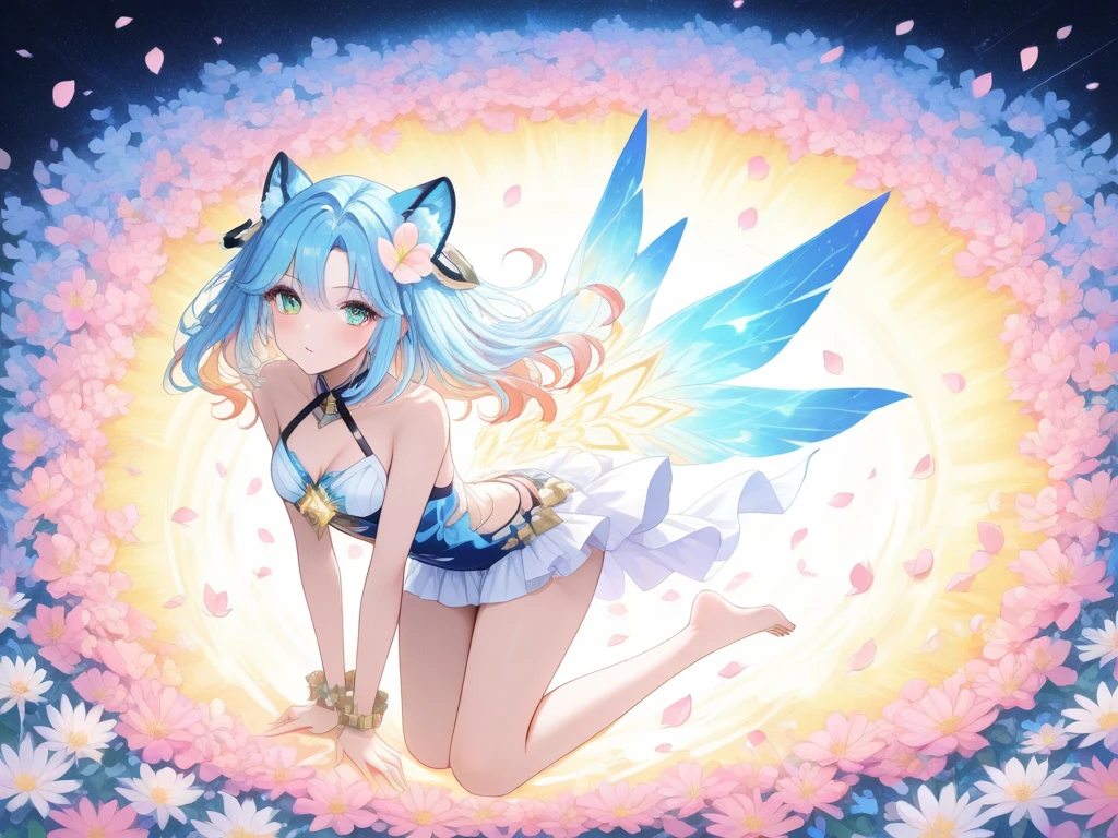 faeries（Big breasts Hatsune Miku），Hair is scattered，chinese ancient costume，The water on the clothes makes them thin and transparent，huge tit， Lie on the lotus platform，Legs crossed，Transparent wings，(white stockings)，(Masterpiece:1.1), (Best quality:1.1), [Blue:Pink:0.5]Theme, Cowboy shot,Cinematic light， full bodyesbian，Positive perspective，，(Look up),dynamic angle,Super meticulous,illustratio,closeup cleavage,Looking directly at