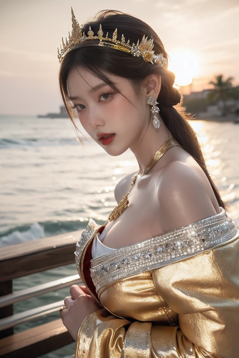 (heavy breasts)、top-quality、masterpiece、超A high resolution、(White Dragon Armor)、(((made of metal))),(((Colossal tits)))、(((Detailed white micro bikini))),(Wearing a beautiful crown made of jewels),(Photorealsitic:1.4)、Raw photo、女の子1人、(((Random hair))、(((Take different poses)))、glowy skin、(((black chinese dragon)))、Intricate and ornate hair ornaments、(Gorgeous Jewelry Necklaces)、(Mystical expression)、(A person who sees with calm and goddess-like eyes)Happiness:1.2)、(Metal bikini)、((sea the background of)).((Beautiful coral and sea background))、Precipitous cliffs、(ruins background)、((super realistic details))、portlate、globalillumination、(sexypose)、Shadow、octan render、8K、Colossal tits、Raw skin is exposed in cleavage、metals、Details of complex ornaments、Japan details、highly intricate detail、Realistic light、CGSoation Trends、Blue eyes、radiant eyes、Facing the camera、Toostock、(veils)、(((Heavy Big))),Shining eyes shine、Armpit、