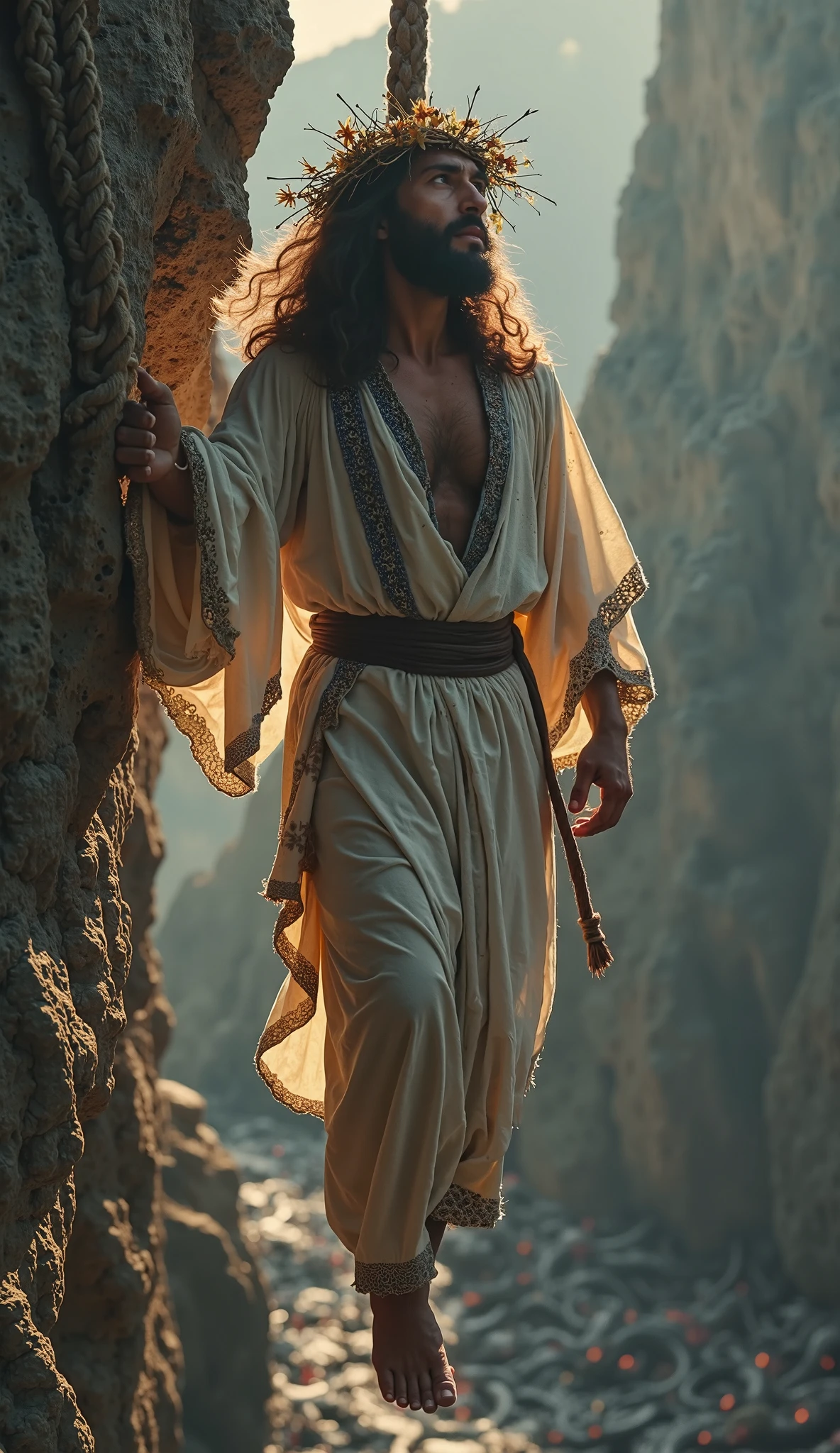 HD masterpiece, top-quality, high resolution, 4K, Medieval, (((Male, 30 years old))), Strong Face Features, sin camisa, ((pot-bellied)) Walking in the autumn sand. There is steam, Bulky mist, Nuit, Frost, Background: Pentagram