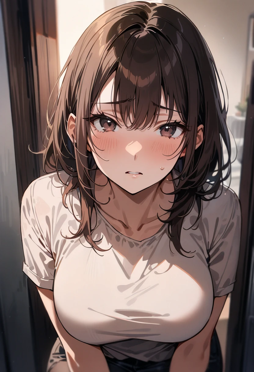 an adult woman, Brown hair, Brown eyes, crying a lot, at night in his room, It&#39;s night and there is only light from the night sky 