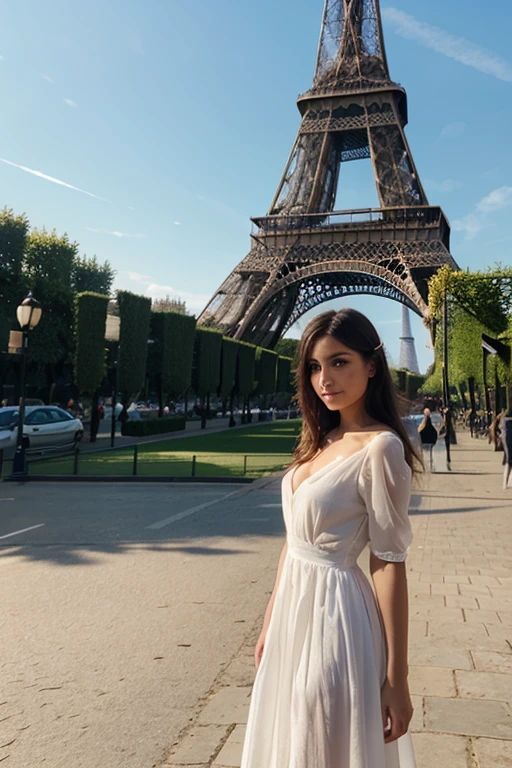 extrêmement haute qualité, le réalisme, Femme de 23 ans avec mâchoire marquée, yeux verts, sur les champs Elysées de Paris, devant la tour eiffel, tout le corps