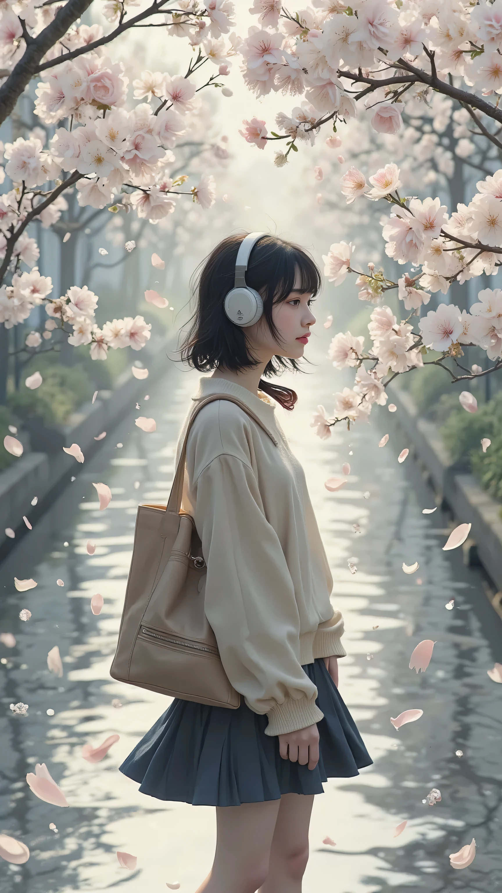 Cherry Blossom Season、walking along the Meguro River in Tokyo, Fashionable girl carrying a tote bag、Wearing Headphones, pale pink petals dance, a fusion of city and nature --v5 --ar4:5 --style poetic