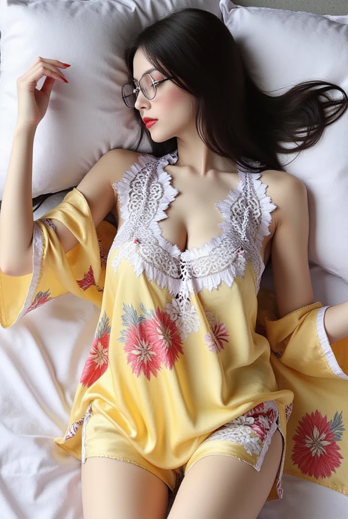 (Best Quality, 8k, 32k, Masterpiece, UHD:1. Photo of Attractive Japanese Woman, 1 Girl, (Big covered :1.2), Abs, Perfect Body, Ultra Detailed Face, Detailed Lips, Fine Eyes, double eyelids, Lace-trimmed chemise - jersey knit pajama set - pastel yellow with floral print, on the bed