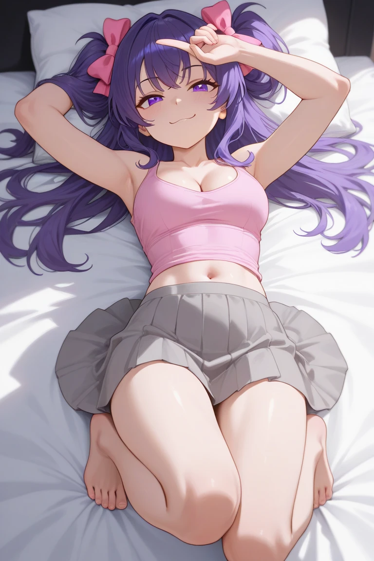 Caucasian female, with a soft purple top. showing her belly, wearing tank top, showing shoulder, skirt short, fishnet stocking, lying on her bed, embarrassed face 