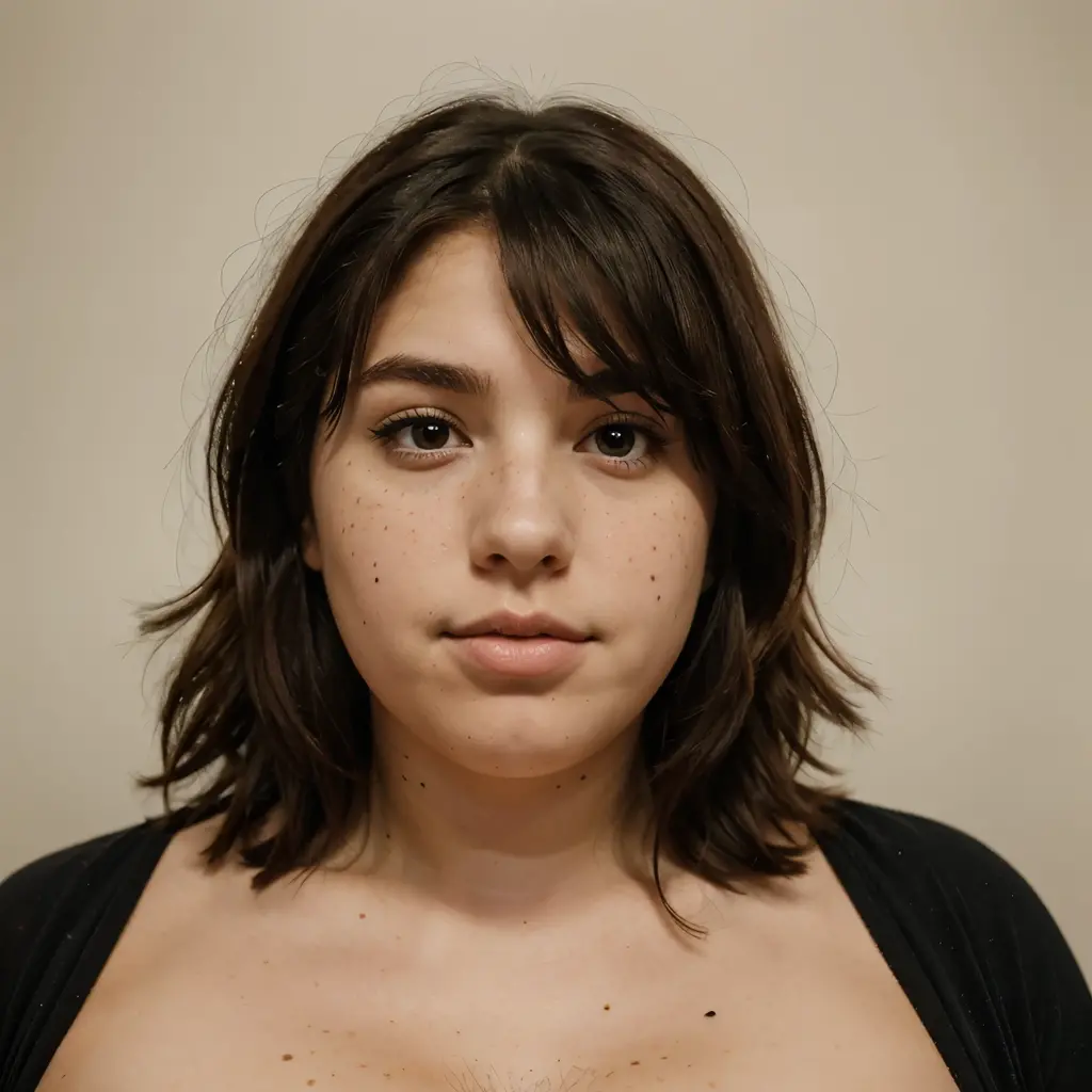 1 fat girl with medium hair with freckles and a mole on her nose