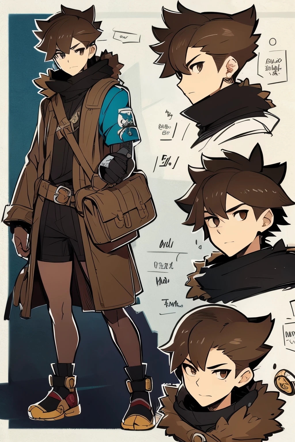 Young man with cute and creepy pet、Similar to anime、aventureiro、 Style card game 、Short dark brown hair with dark brown eyes、 Brown hair with light blue net 、esportivo、 Monocle with analytical capacity 、gorro、He is equipped with a glove on his right hand.、lpretl、joelhei, Shoelace、Cat's one shoulder bag、18 years old。character design sheet、 Robot-style monster mshn .、 Expedition Style 、Monster in animal style mshn、Anime-style card game