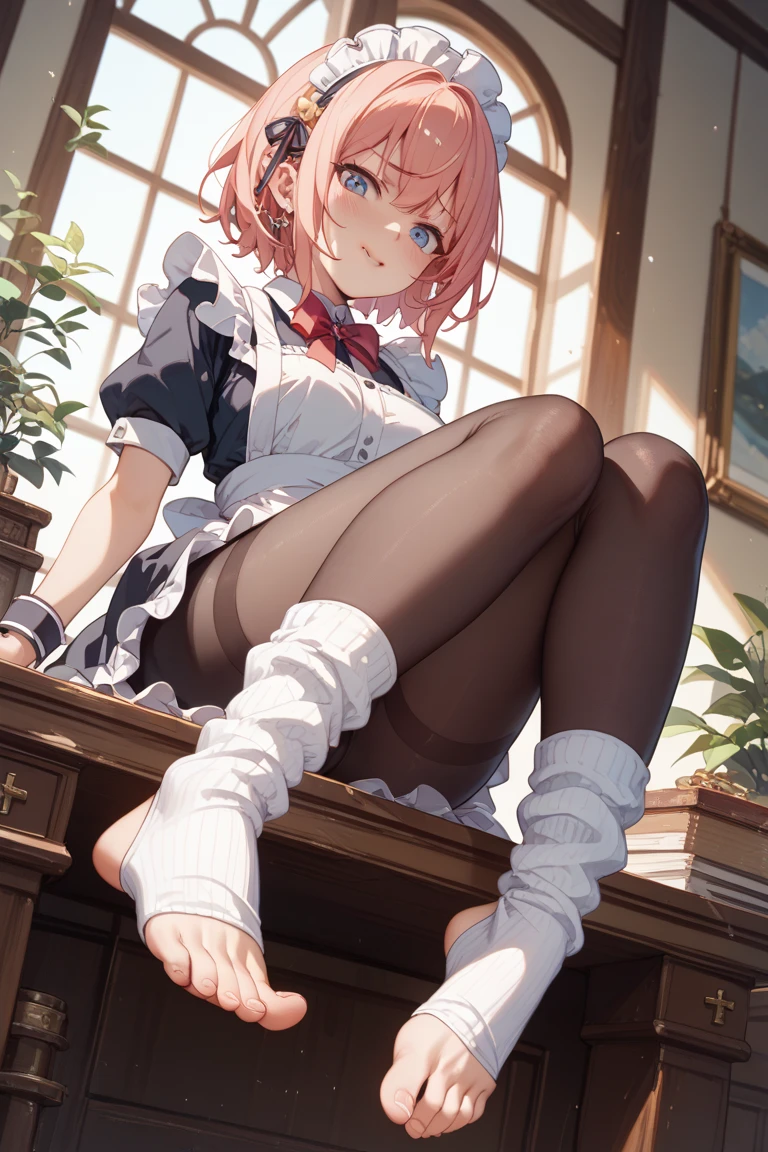 （Brown double ponytail，with long hair, a black miniskirt maid curled up and lying in the box:1.5），Girl in a courier box，（Top-down view:1.3），knee up，Bend your legs，FULLBODY，Maid costume，Maid Headdress （Long legs：1.3），（Obra-prima），（best qality），PhotoRealistic，Movie light，Cool pose，perfectbody，broom foot, feet pose, gaze looking at the camera, masterpiece, best quality, 1girl, solo, seiza, sitting, arms behind head, looking at viewer, glowing, glowing eyes, shiny, shiny skin, seductive smile, blush, outdoors, night, night sky, star \(sky\), sky, starry sky, pantyhose, black pantyhose, kafka, purple eyes, sunglasses on head, black jacket, collared shirt, black shorts, 