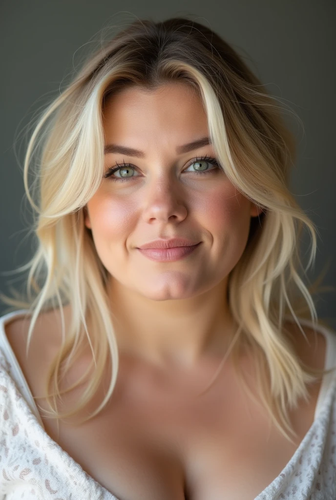 40 year old lady, Caucasian, Plus size, Chubby waist, Chubby, Mid length hair, blonde hair, Tight mini dress, Extra close up View,