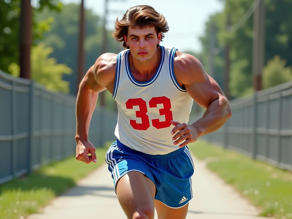 An 18-year-old boy bodybuilder, embodying the perfect fusion of Joey Lawrence and Spencer Boldman with long hair, exuding an aura of strength and confidence. Enhanced with HDR technology, this image depicts a true masterpiece, 4K resolution, varsity lacrosse jersey, outdoor lighting